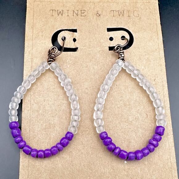 Twine & Twig Drop Earrings beaded Drop Dangle Oversized Purple Boho Clear Hoop - Picture 1 of 4